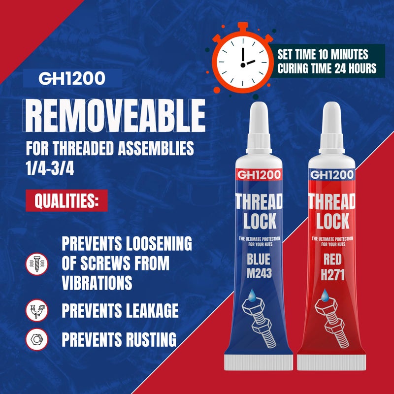 GH1200-6gx2 Pack Thread Lock Medium and Strong Strength for Nuts, Bolts, and Metals, Threadlocker Lock Tight & Seal Fasteners with Stable and Consistent Performance - Image 2